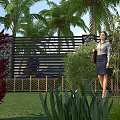 Lush Garden Landscape Design With Green Lawn Palm Trees Red Shrubs And Wooden Lattice