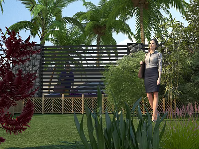 Lush Garden Landscape Design With Green Lawn Palm Trees Red Shrubs And Wooden Lattice 3d model