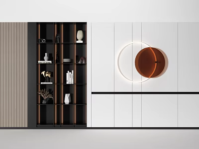Sleek Modern Decorative Cabinet With Black Frame Layered Shelves Decorative Items And Circular Accent 3d model