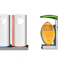Modern Public Facilities With Colored Trash Bins And Yellow Egg Shaped Kiosk