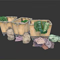 Wooden Laundry Baskets Filled With Clothes And Wrapped Storage Bags Plus Scattered Apparel