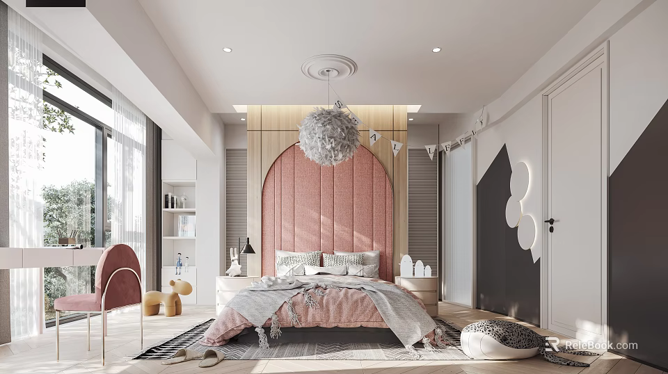 Elegant Modern Bedroom Interior Design With Pink Upholstered Headboard Chandelier And Area Rug 3d model 