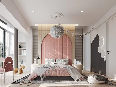 Elegant Modern Bedroom Interior Design With Pink Upholstered Headboard Chandelier And Area Rug 3d model