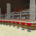 Modern Restaurant Interior With Open Bar Red Seats And Decorative Columns 3d model