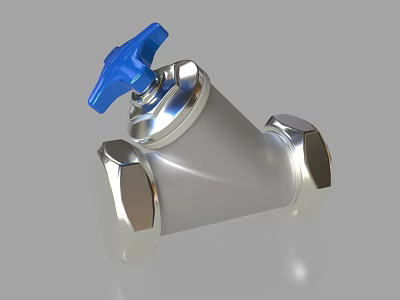 Durable Silver Metal Pipe Valve With Blue Handle And Hexagonal Connections 3d model