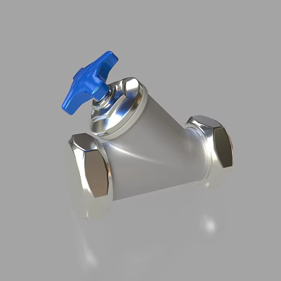 Durable Silver Metal Pipe Valve With Blue Handle And Hexagonal Connections 3d model