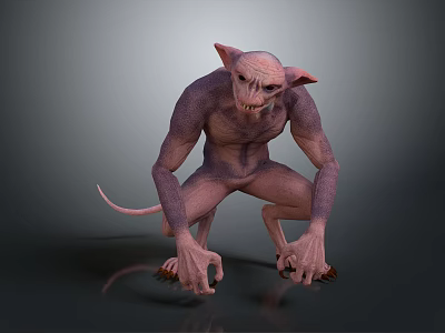3D Rendered Mythical Creature Character With Large Ears Sharp Fangs Purple Skin And Crouching Posture 3d model