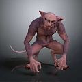 3D Rendered Mythical Creature Character With Large Ears Sharp Fangs Purple Skin And Crouching Posture