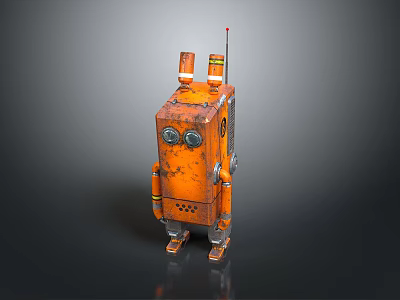 Orange Vintage Industrial Style Robot Game and Movie Character with Antenna Worn Texture Round Eyes 3d model