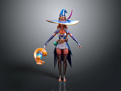 3D Witch Character Design Featuring Large Feathered Hat Magic Orb And Boots 3d model