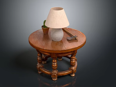 Small Wooden Table With Table Lamp Potted Plant And Hammer On Top 3d model