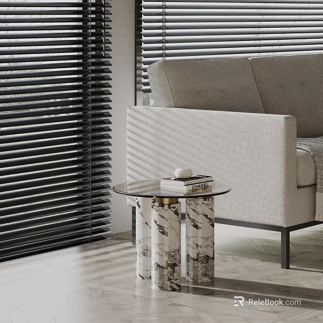 Modern Glass Top Side Table With Marble Column Base Light Gray Sofa And Black Blinds 3d model 