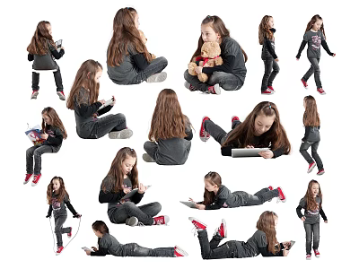 Young Girl In Multiple Poses With Various Activities Like Playing And Reading 3d model