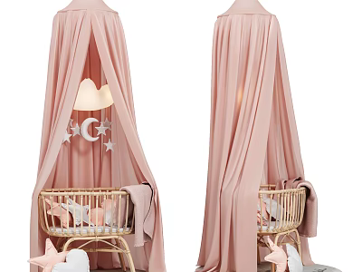 Wicker Baby Crib With Pink Canopy Cloud And Star Decorations And Soft Blanket 3d model
