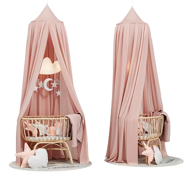 Wicker Baby Crib With Pink Canopy Cloud And Star Decorations And Soft Blanket 3d model