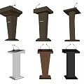 Different Wooden And Colored Podiums With Microphones In Various Styles