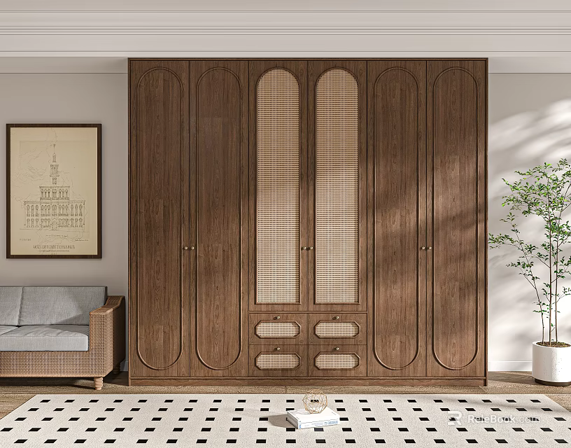 Modern Arched Wooden Wardrobe with Glass Doors Sofa Plant and Living Room Rug 3d model 
