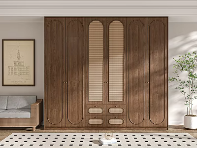 Modern Arched Wooden Wardrobe with Glass Doors Sofa Plant and Living Room Rug 3d model