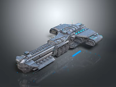 Futuristic Science Fiction Spaceship 3D Render With Metallic Hull And Blue Glowing Details 3d model