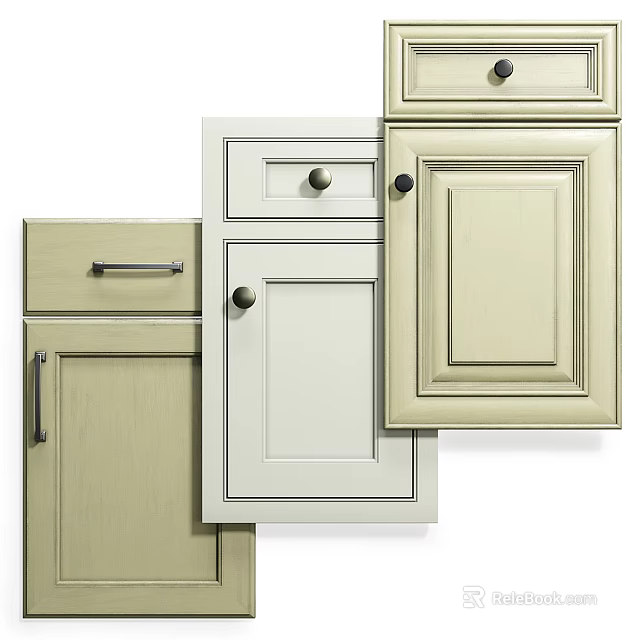 Light Colored Kitchen Cabinet Doors And Drawers With Different Handle And Knob Designs 3d model 