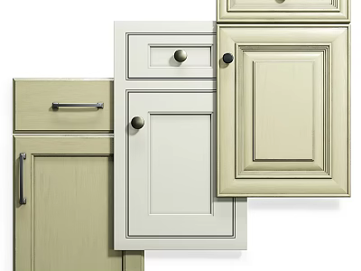 Light Colored Kitchen Cabinet Doors And Drawers With Different Handle And Knob Designs 3d model