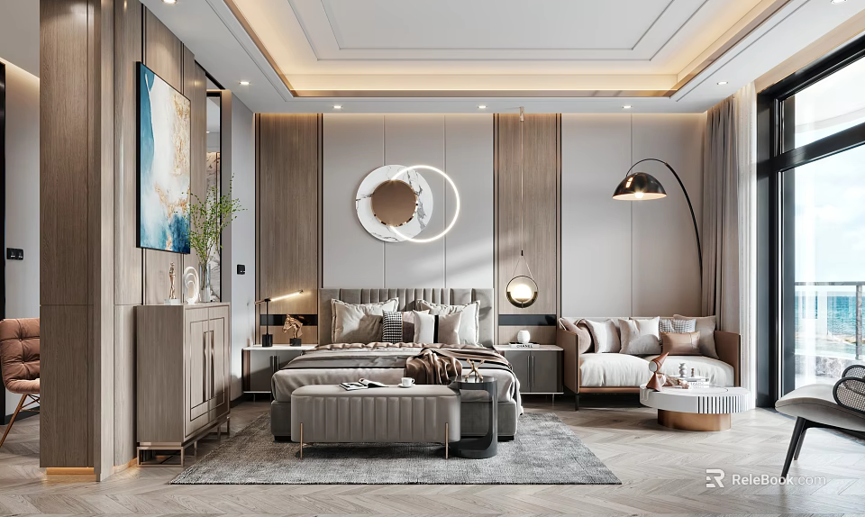 Modern Bedroom Interior With Circular Mirror Gray Bed Multiple Pillows Wooden Walls And Herringbone Rug 3d model 