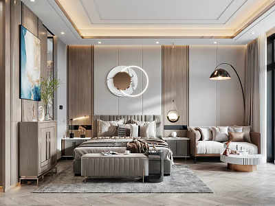 Modern Bedroom Interior With Circular Mirror Gray Bed Multiple Pillows Wooden Walls And Herringbone Rug 3d model