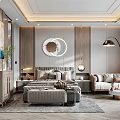 Modern Bedroom Interior With Circular Mirror Gray Bed Multiple Pillows Wooden Walls And Herringbone Rug