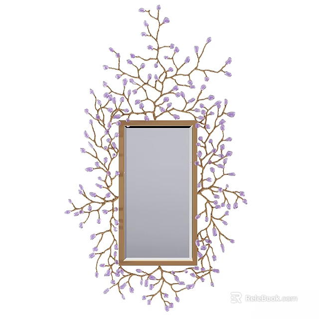 Decorative Mirror with Wooden Frame and Branch Design Adorned with Purple Flowers 3d model 