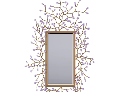 Decorative Mirror with Wooden Frame and Branch Design Adorned with Purple Flowers 3d model