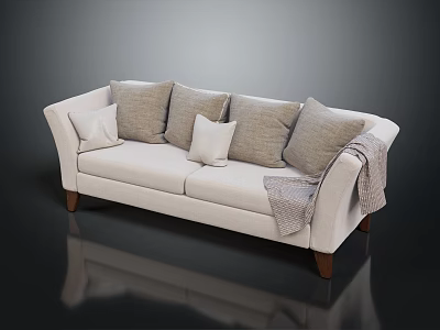 Neutral Colored Ivory Two-Seater Sofa with Soft Cushions and Gray Throw Blanket on Wooden Legs 3d model