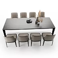 Rectangular Dark Wooden Dining Table Set With Eight Gray Chairs And Decorative Tray 3d model