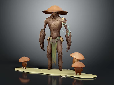 Nature Inspired Wooden Character With Conical Hat Green Cloth Sash And Small Mushrooms 3d model