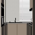 Modern Kitchen Interior With Light Colored Cabinets Sink Faucet Window Blinds And Oven