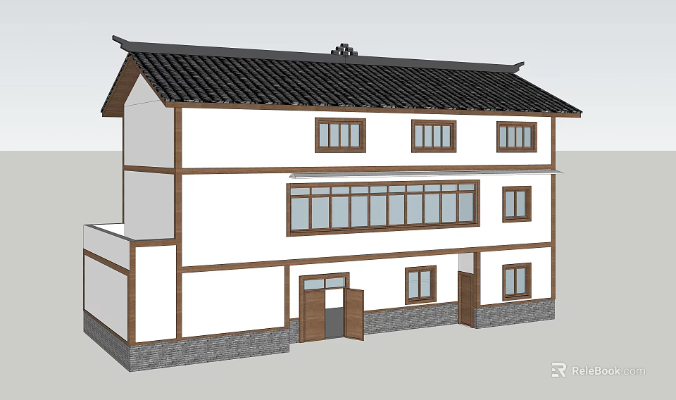 Traditional Chinese Style Rural Self-built House With Black Tile Roof White Walls And Wooden Frames 3d model 
