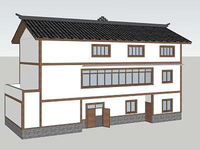 Traditional Chinese Style Rural Self-built House With Black Tile Roof White Walls And Wooden Frames 3d model