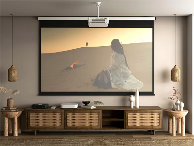 Wooden Rattan TV Stand With Decorative Items And Projector Screen In Living Room 3d model