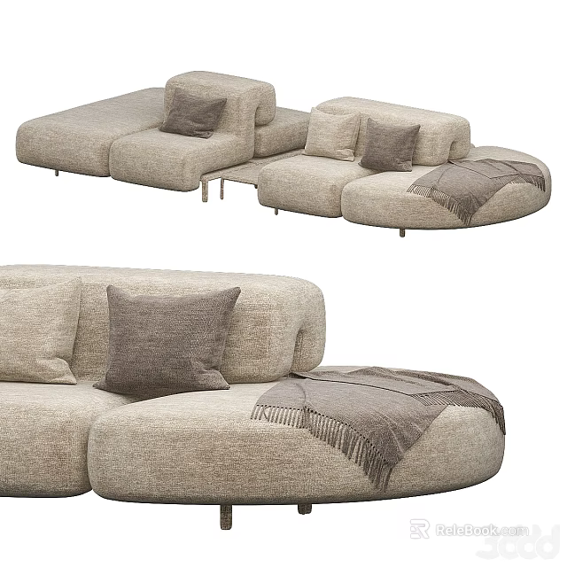 Light Beige Fabric Sectional Sofa With Cozy Cushions And Soft Throw Blanket 3d model