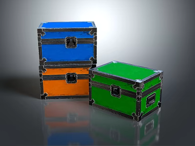 Colorful Retro Storage Boxes With Blue Orange Green Hues Metal Borders And Lock Closures 3d model