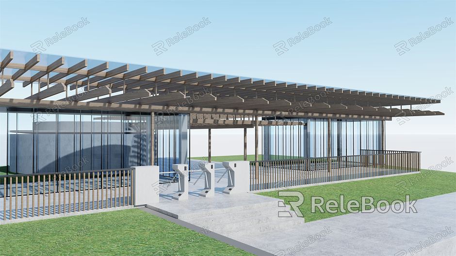 modern ticket gate shipping terminal ship terminal building ticket gate public building public toilet canopy wooden glass gallery frame model