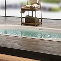 Modern Bathroom With Spa Tub Large Windows Wooden Flooring Marble Walls And Lounge Chair