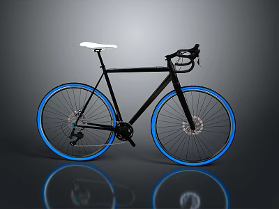 Sleek Black Bicycle With White Seat And Blue Rims On Gray Reflective Background 3d model