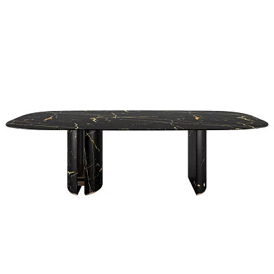Oval Black Marble Dining Table With Golden Veins And Black Marble Legs 3d model