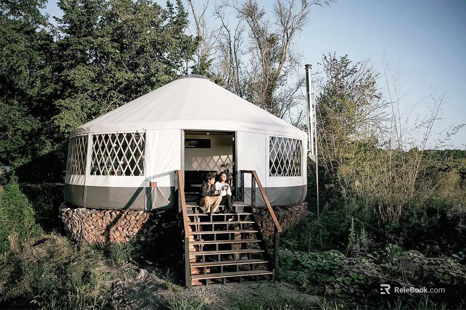 White Dome Canopy Tent with Diamond Pattern Windows and Wooden Stairs in Natural Outdoor Area 3d model 