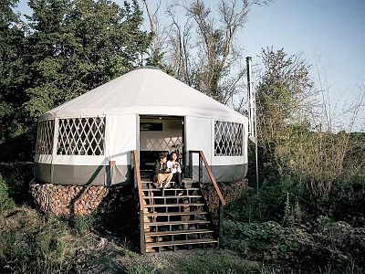 White Dome Canopy Tent with Diamond Pattern Windows and Wooden Stairs in Natural Outdoor Area 3d model