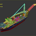 Engineering Vessel with Large Orange Crane Structure Green Deck and Blue Hull Maritime Offshore Equipment