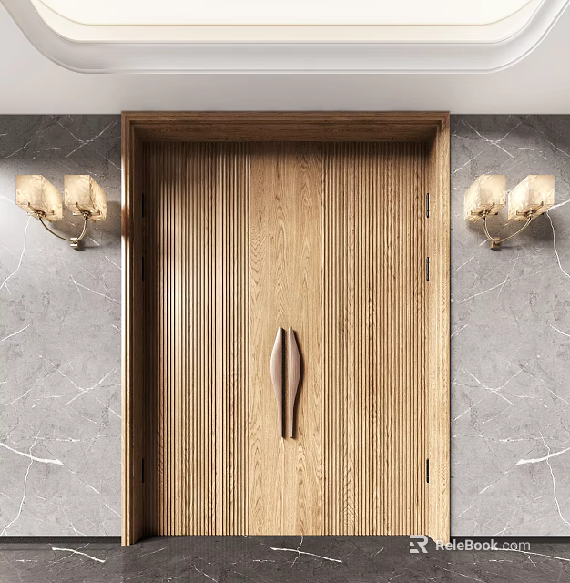 Wooden Double Doors With Vertical Slats Against Marble Walls And Wall Sconces 3d model 