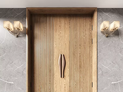Wooden Double Doors With Vertical Slats Against Marble Walls And Wall Sconces 3d model