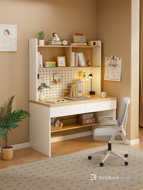Modern Minimalist Desk Setup With Bookshelf Table Lamp Green Plant Calendar And Chair 3d model 