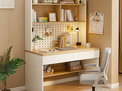 Modern Minimalist Desk Setup With Bookshelf Table Lamp Green Plant Calendar And Chair 3d model